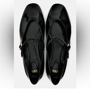 Zara Black Patent Leather Mary Jane Flats with Gold Buckle